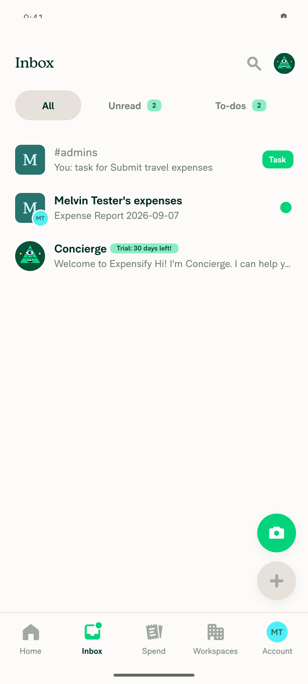 Signed-in Inbox screen with account avatar