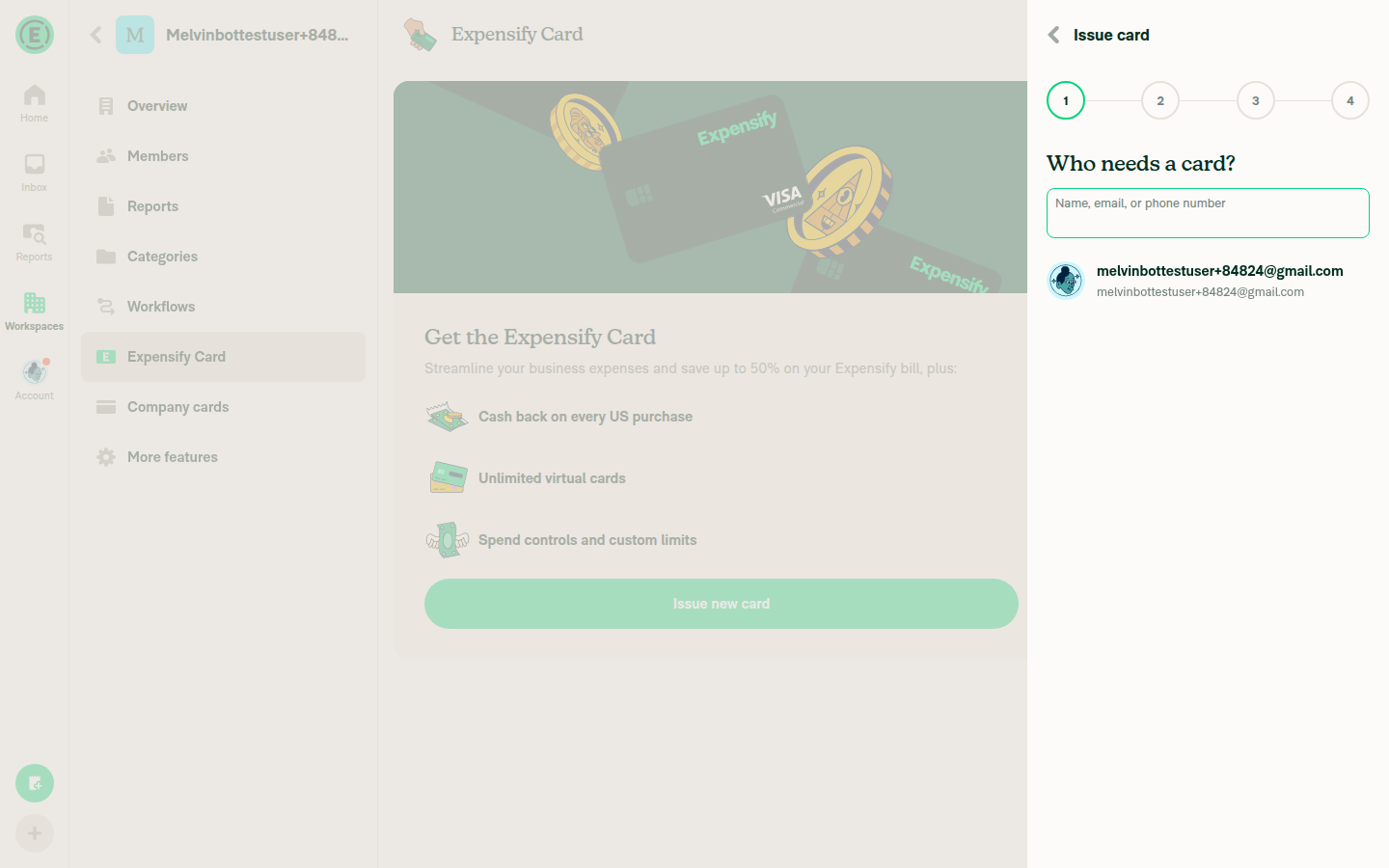 Issue card wizard with step indicator circles 1, 2, 3, 4 visible