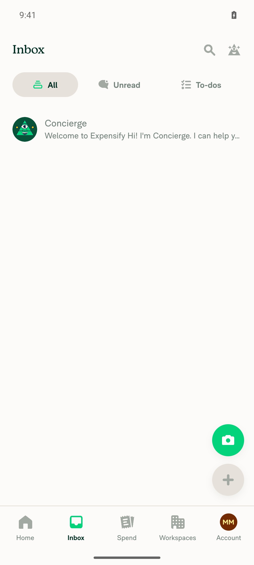 Signed-in Inbox/LHN showing Concierge welcome thread