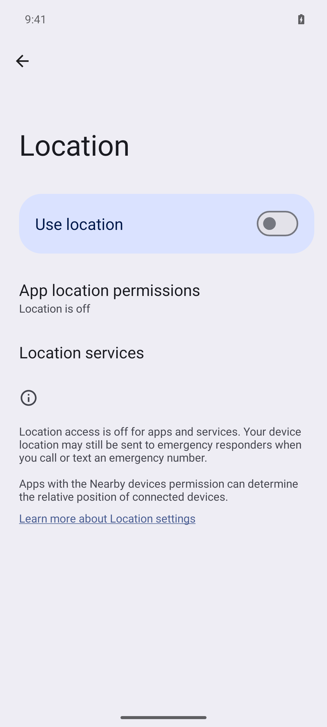 Device Location settings page with Use location toggle off