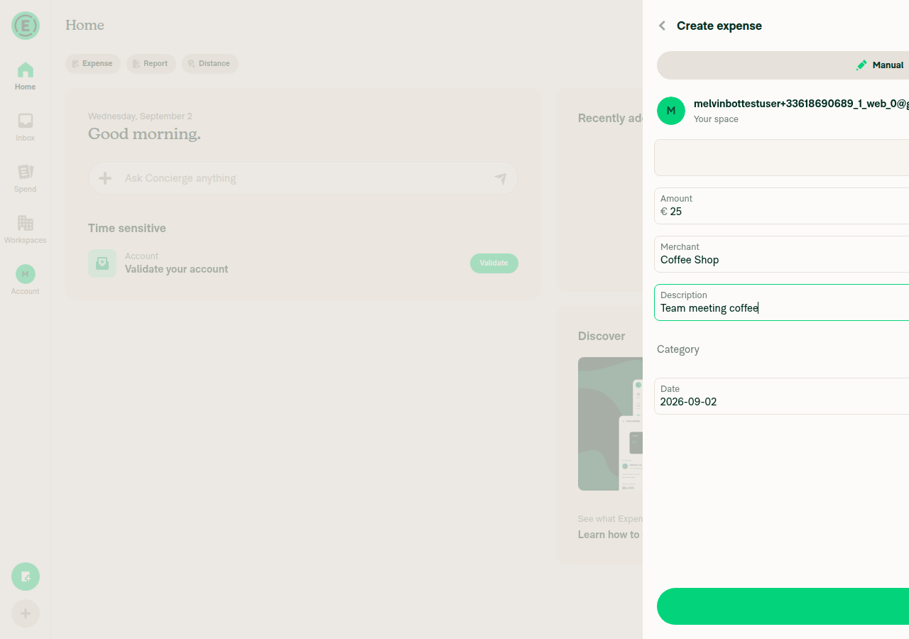 Manual expense confirm page with Amount, Merchant, Description