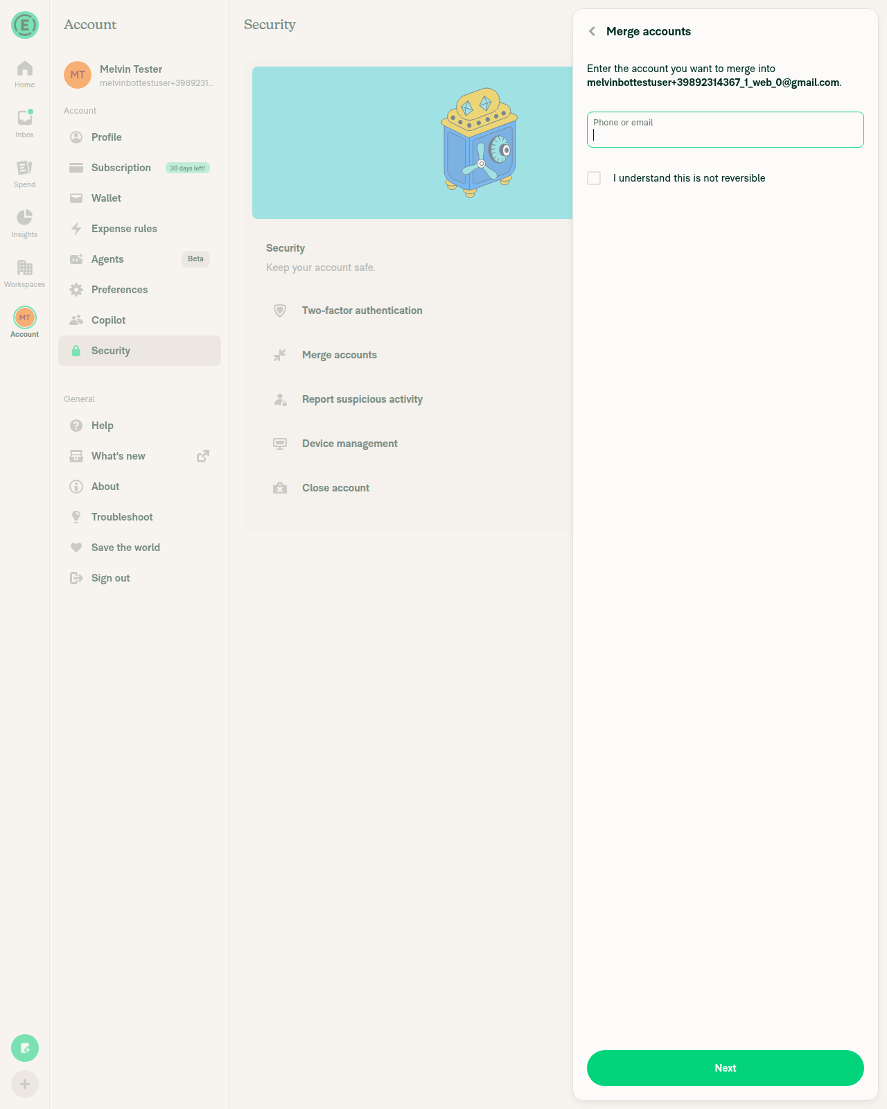 Merge accounts initial page with email input and checkbox