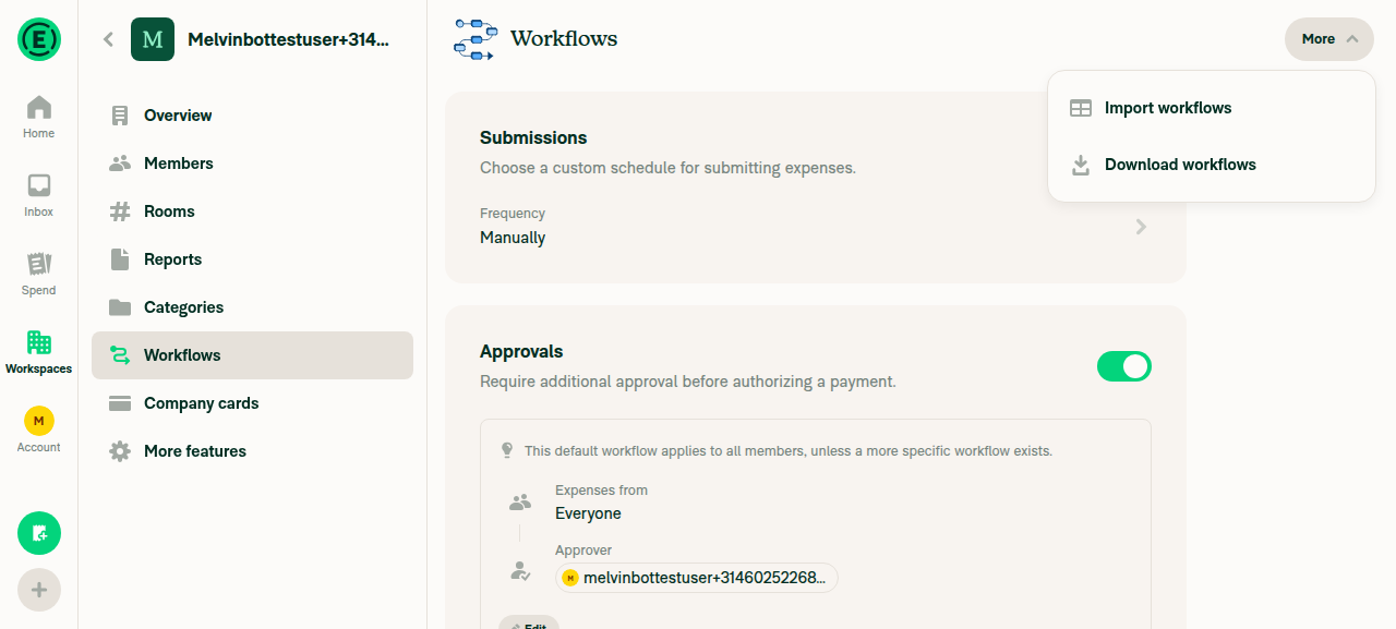 More dropdown showing Import workflows and Download workflows options