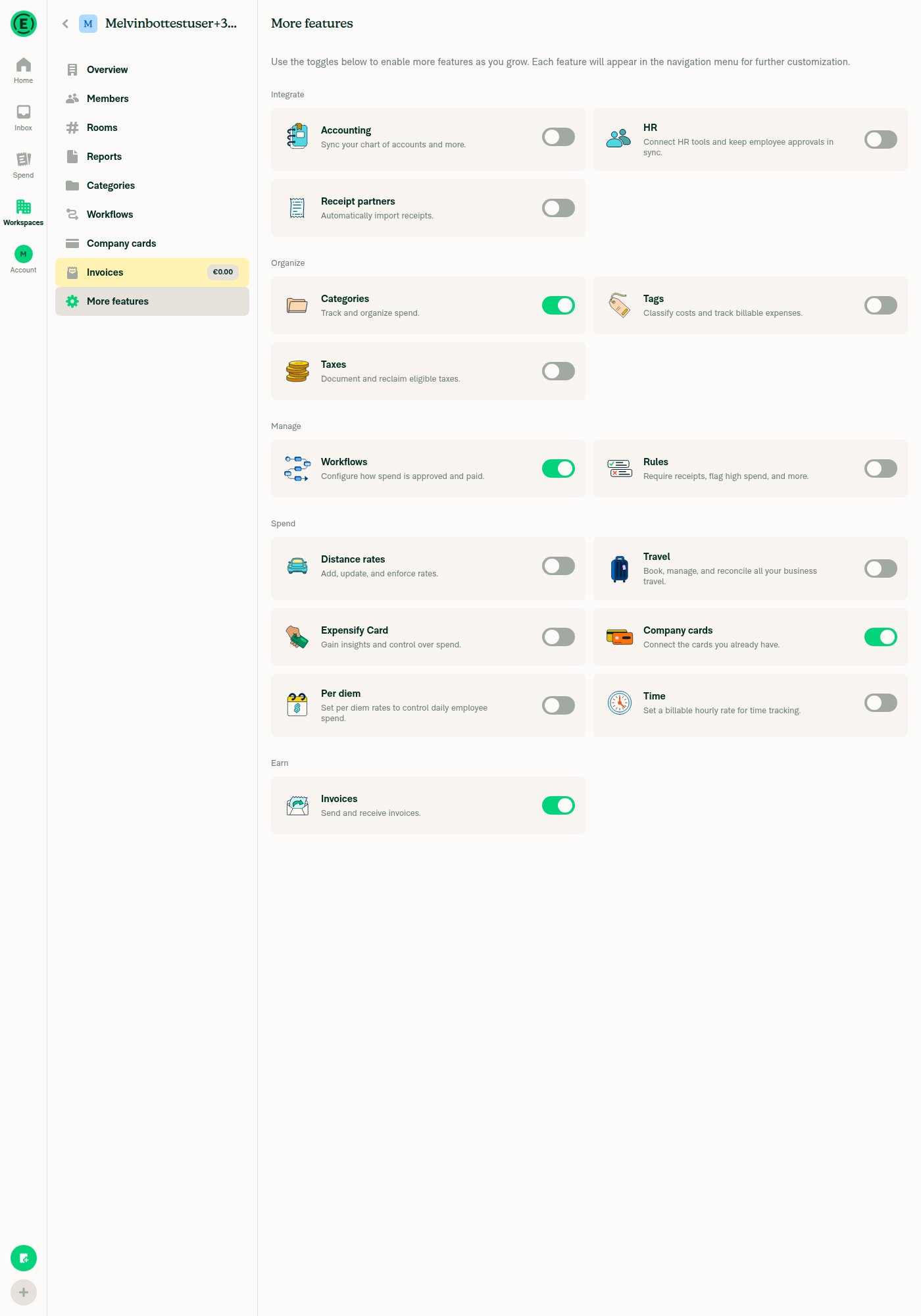 More features page: Earn section with the Invoices toggle
