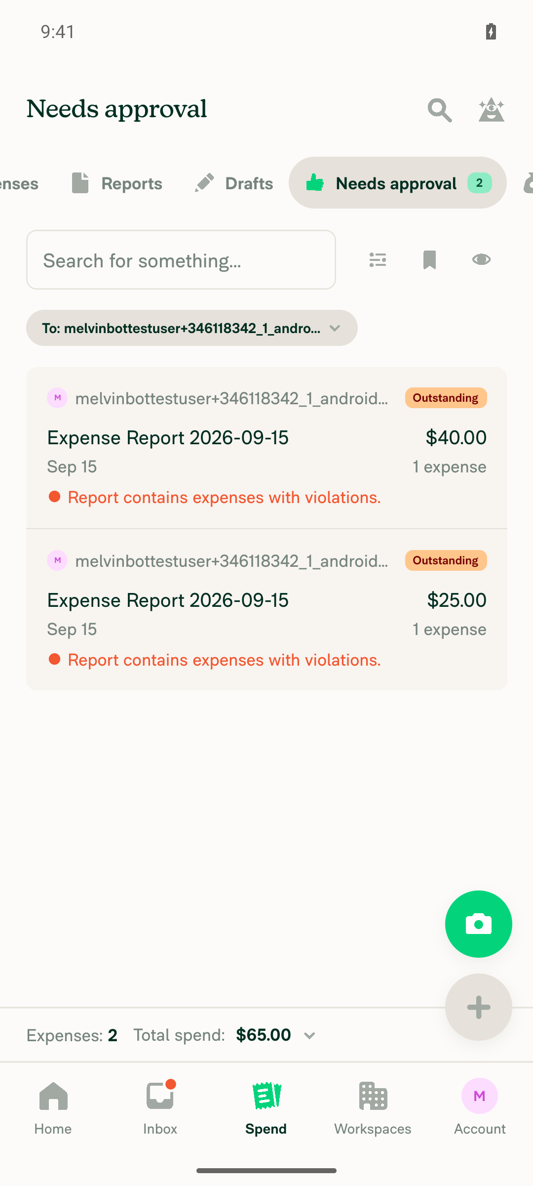 Needs approval tab showing 2 outstanding reports awaiting approval