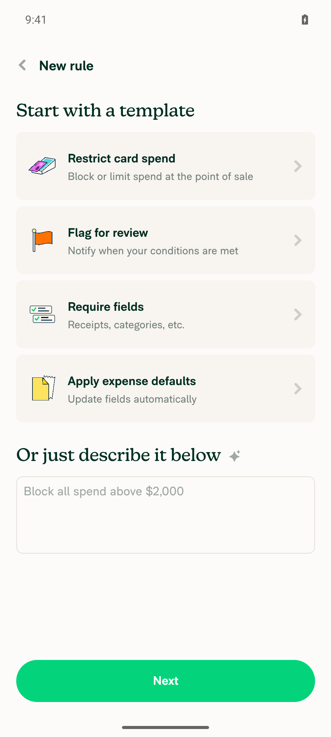 New rule page with four templates and describe section