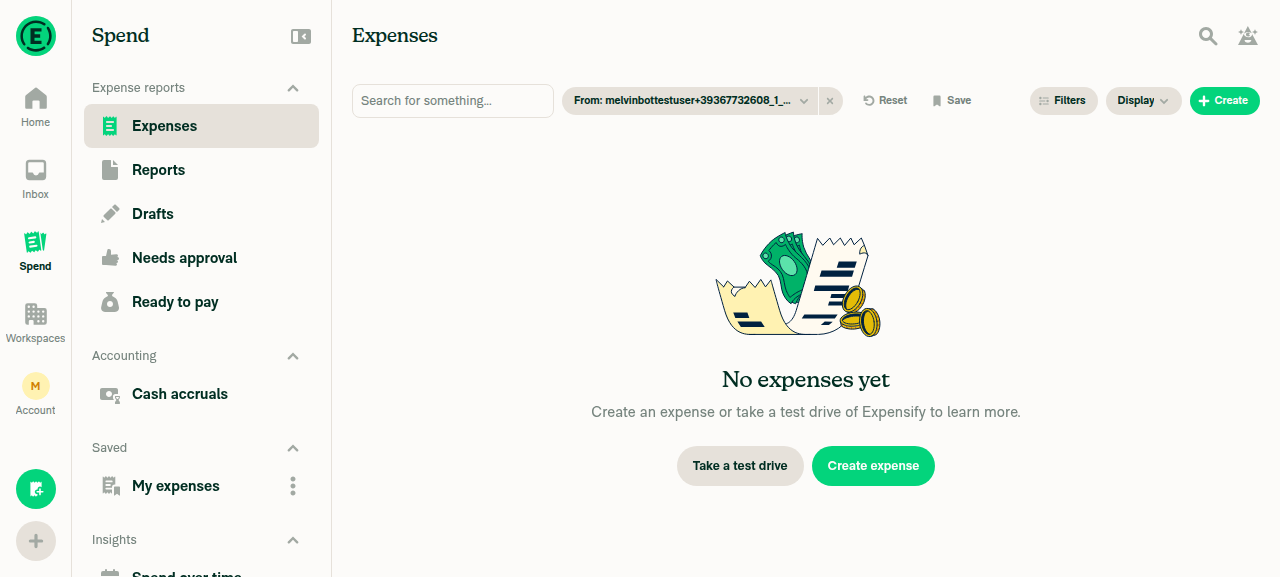 Expense reports nav with no Rejected item before any rejection