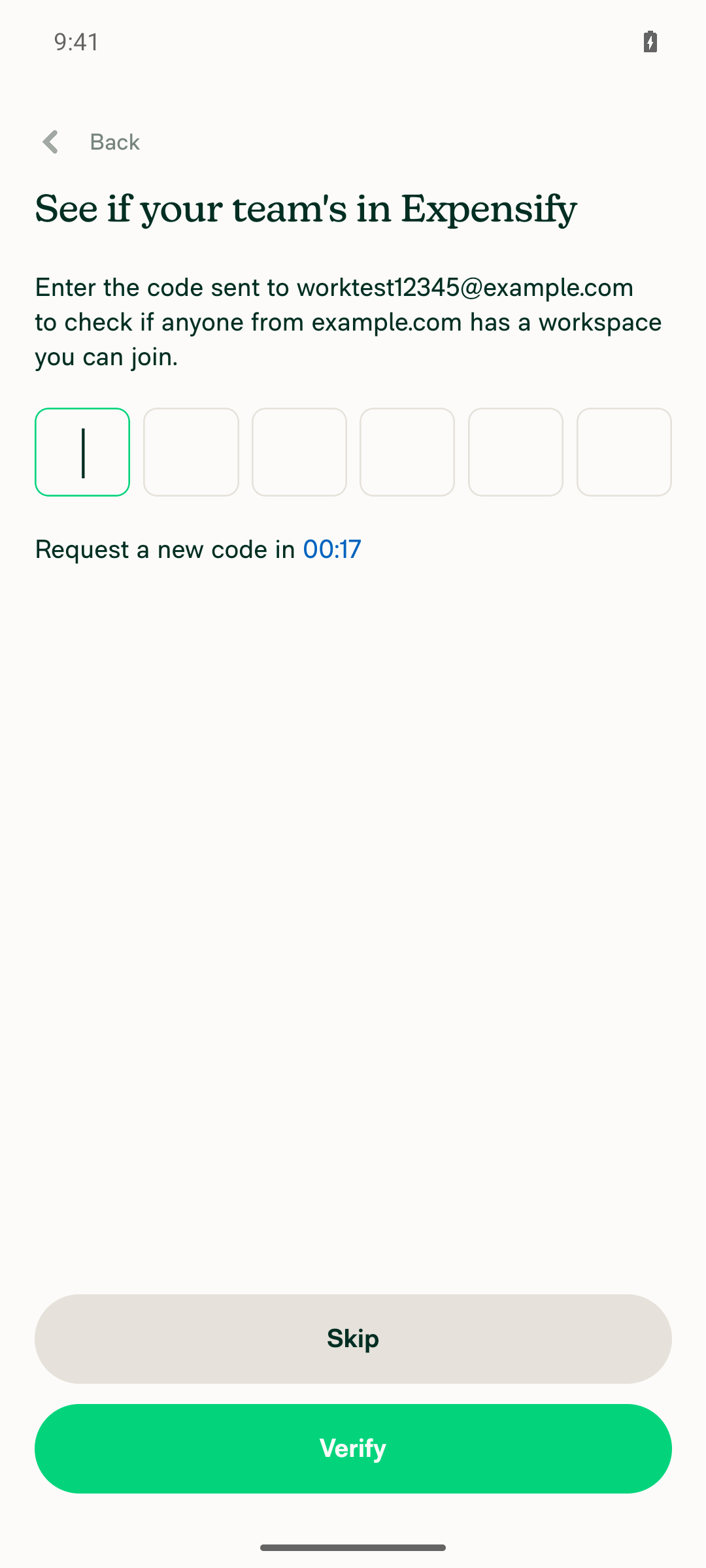 Onboarding proceeded normally to a magic-code verification screen, no hang