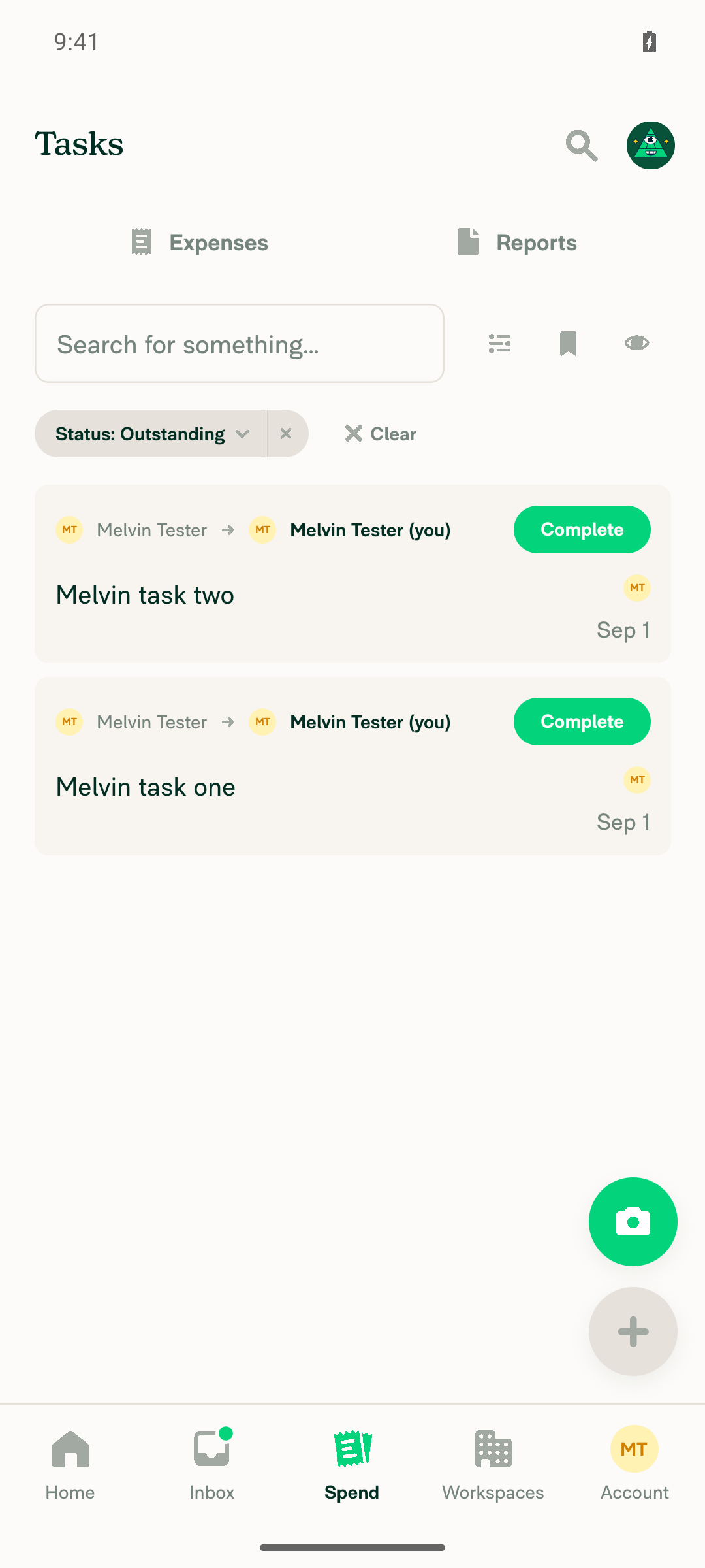 Search Tasks results with Status: Outstanding chip listing 'Melvin task two' and 'Melvin task one', each with a green Complete button