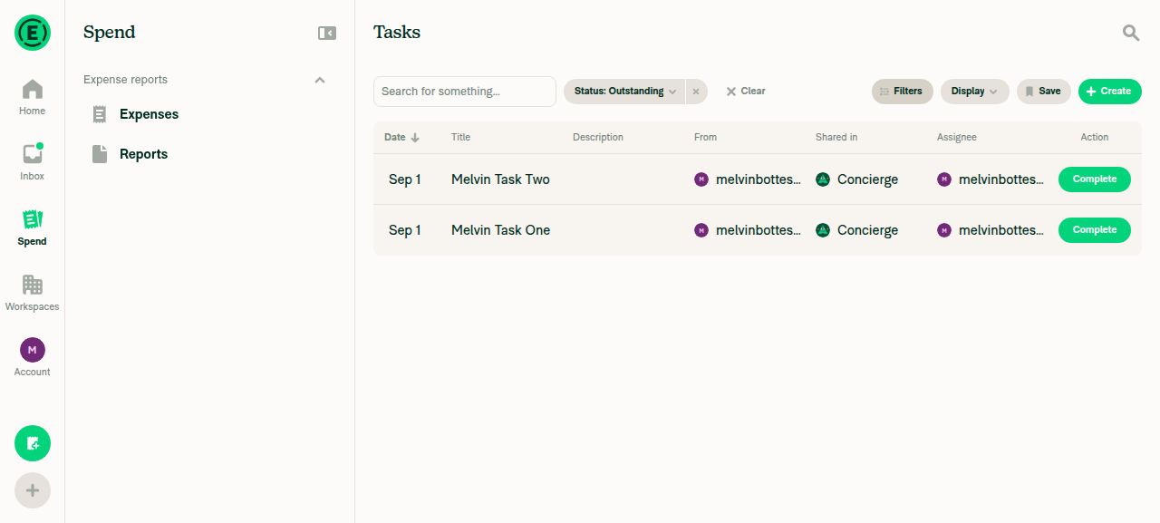 Tasks search with Status: Outstanding listing Melvin Task Two and Melvin Task One, each with a green Complete button