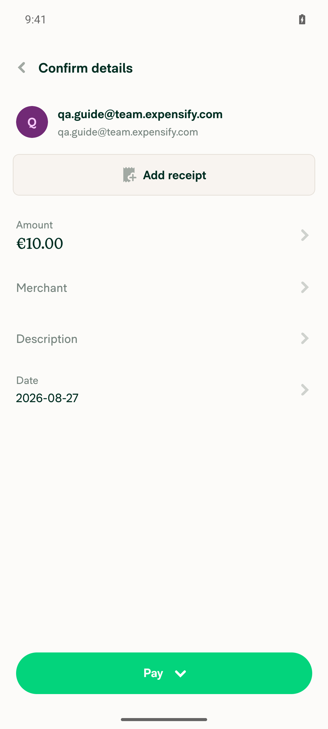 Pay confirm details screen with €10.00 amount