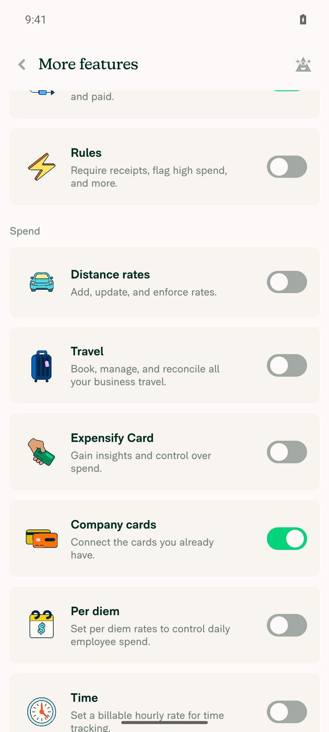 More features page after attempting to enable Per diem toggle