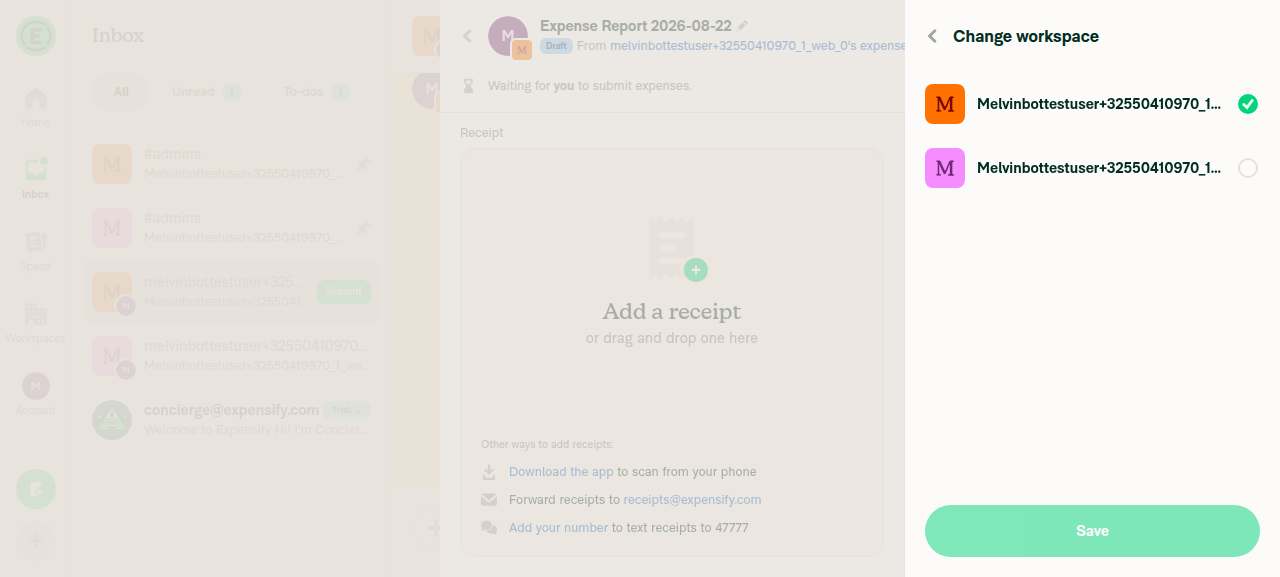 Change workspace picker open, current workspace checked, Save dimmed/disabled