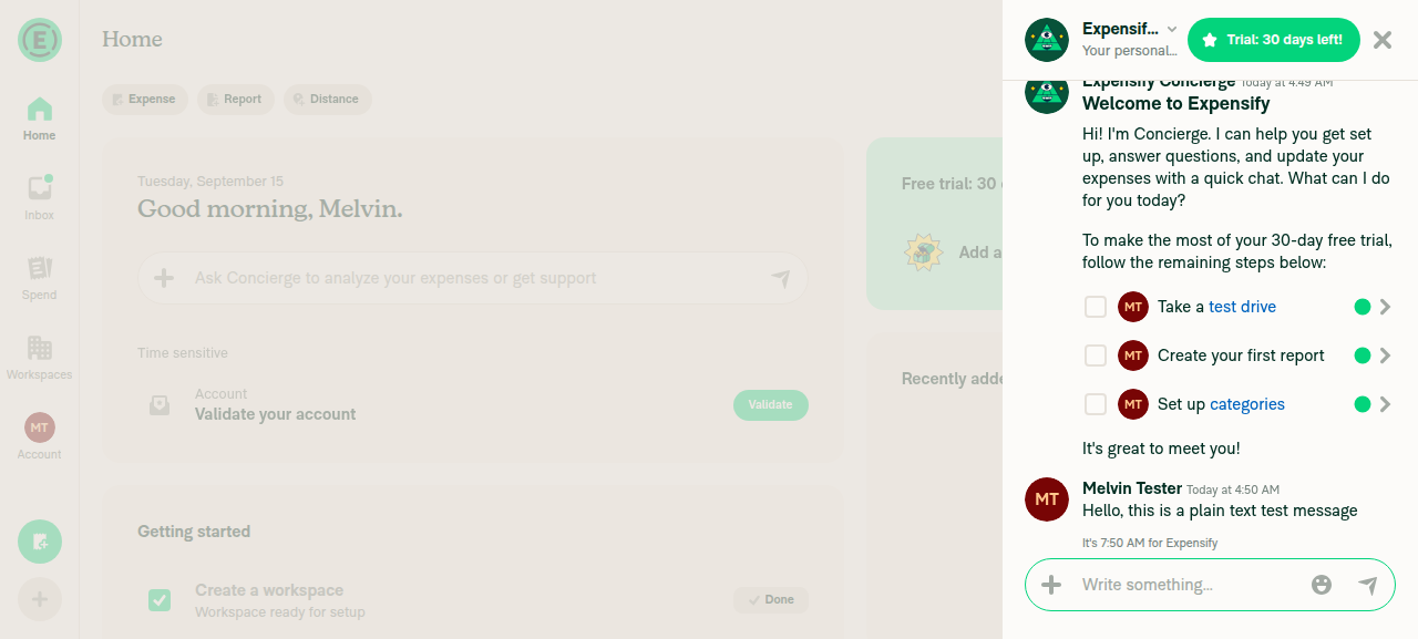 Plain text message sent and displayed in Concierge chat