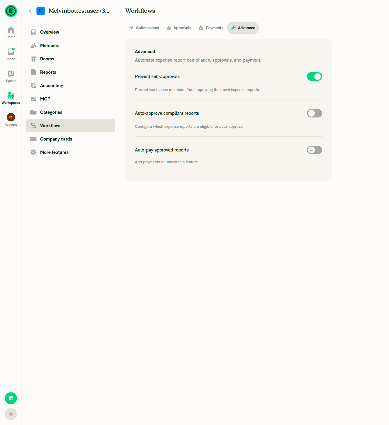 Prevent self-approvals toggle enabled in Workflows > Advanced