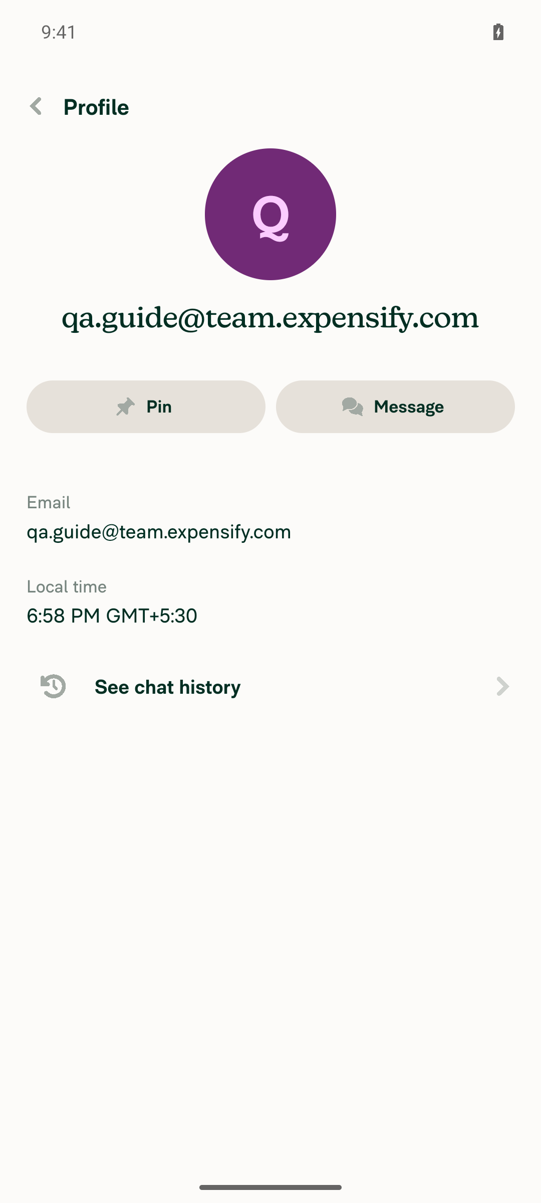 Human user profile showing See chat history row with History icon