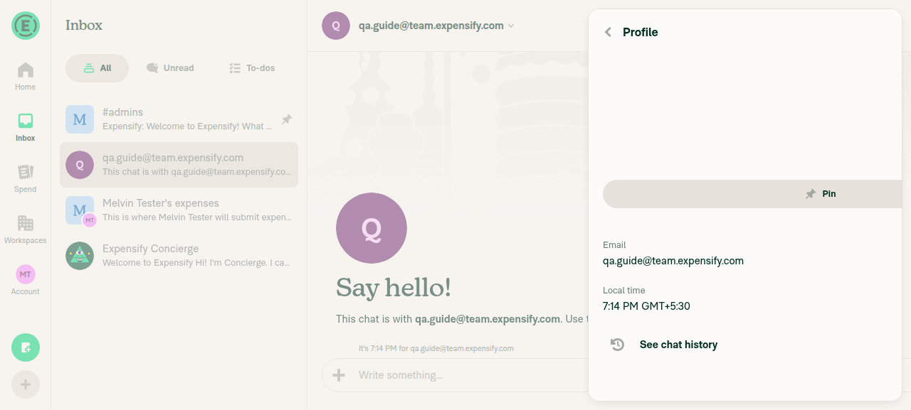 Profile page showing See chat history row with History icon