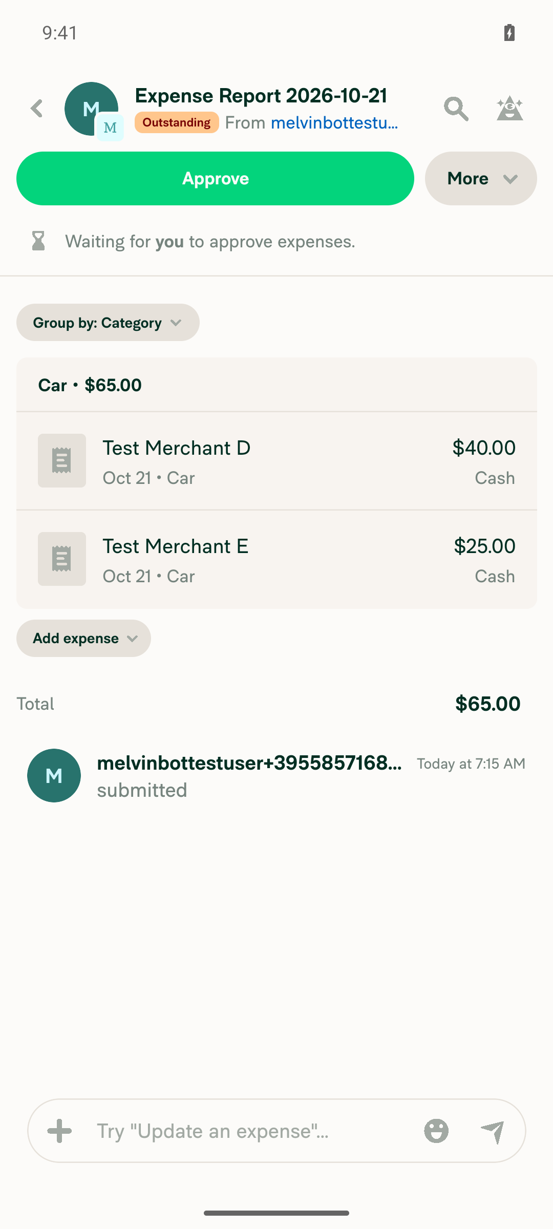 Outstanding report with one non-held and one held expense