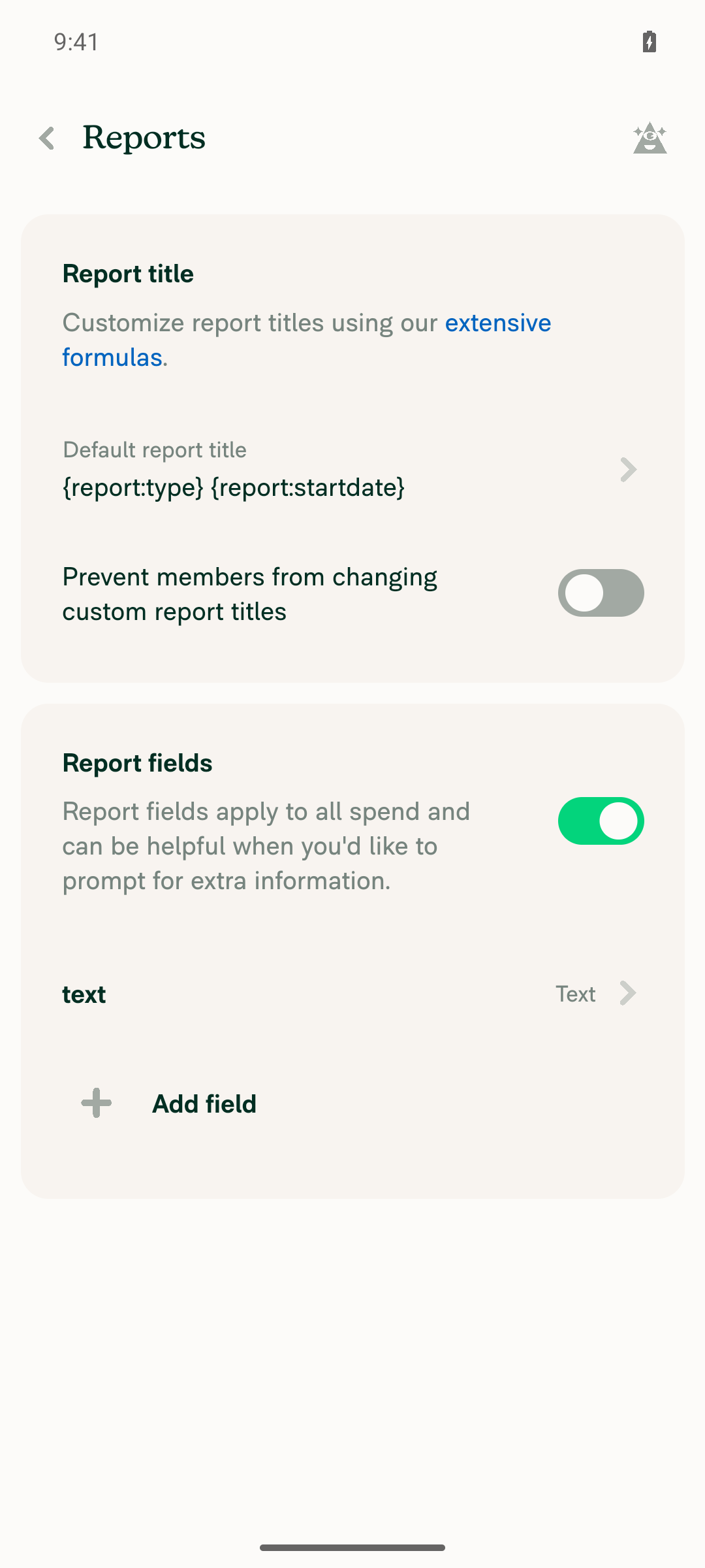Workspace Reports settings with Report fields enabled and text field listed