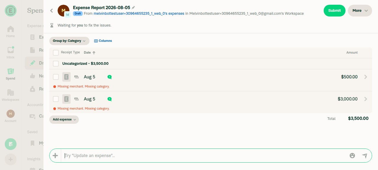 Multi-expense report sheet with ~147px left margin (measured at x=147)