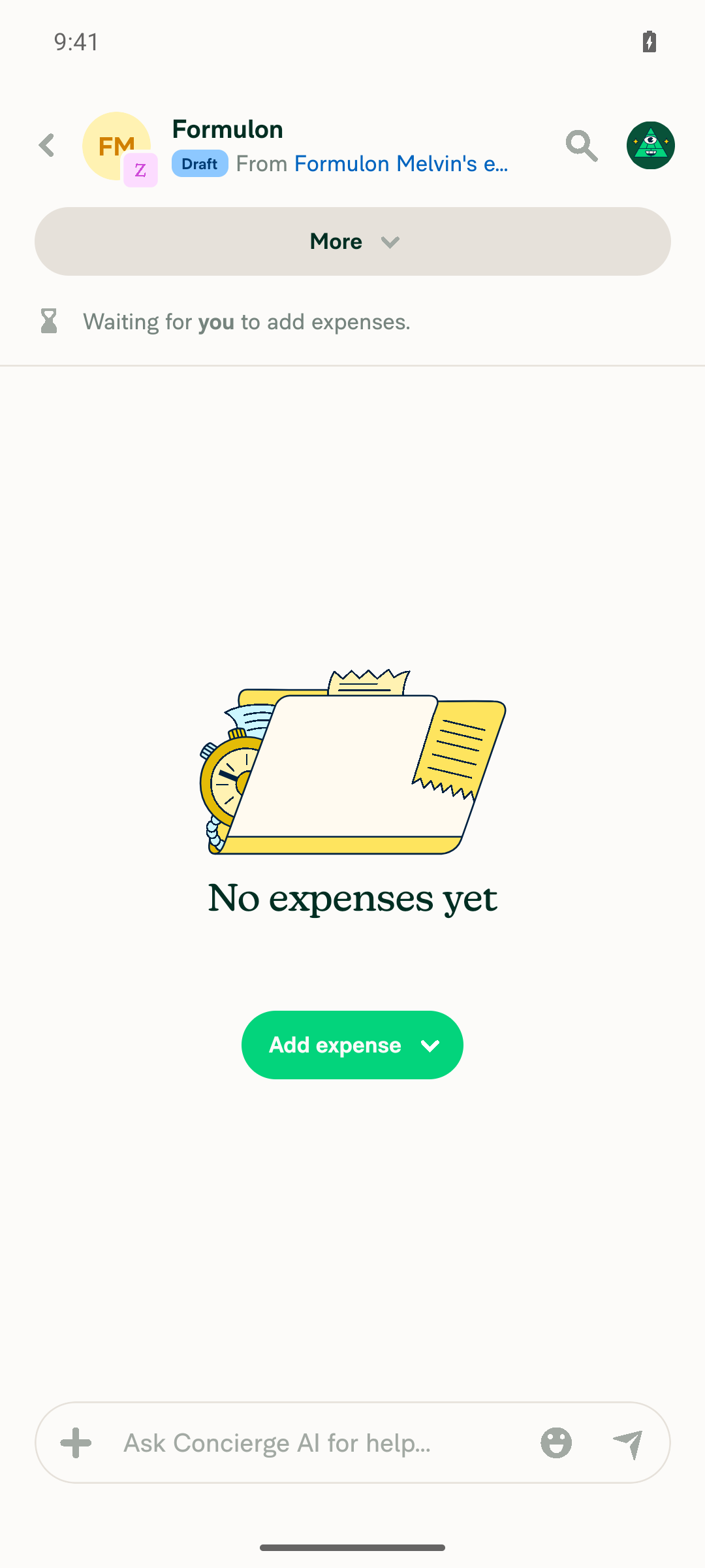 Newly created expense report header showing title 'Formulon' resolved from the {report:submit:from:firstName} formula, no placeholder visible