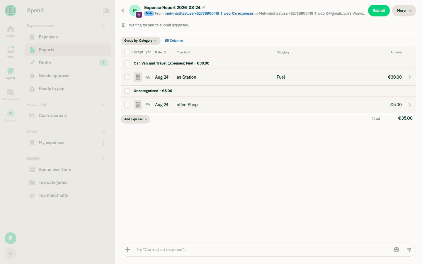 Expense Report 2026-08-24 with two transactions open (Fuel EUR30, Uncategorized EUR5, total EUR35)