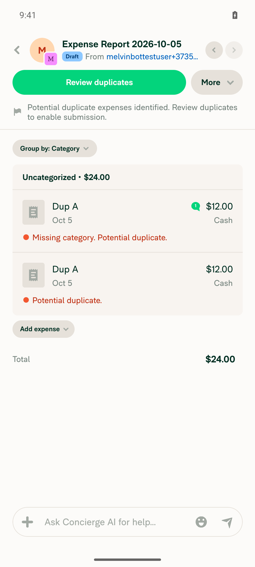 Report A showing two Dup A $12 expenses ($24.00 total) after duplicating from the expense header menu