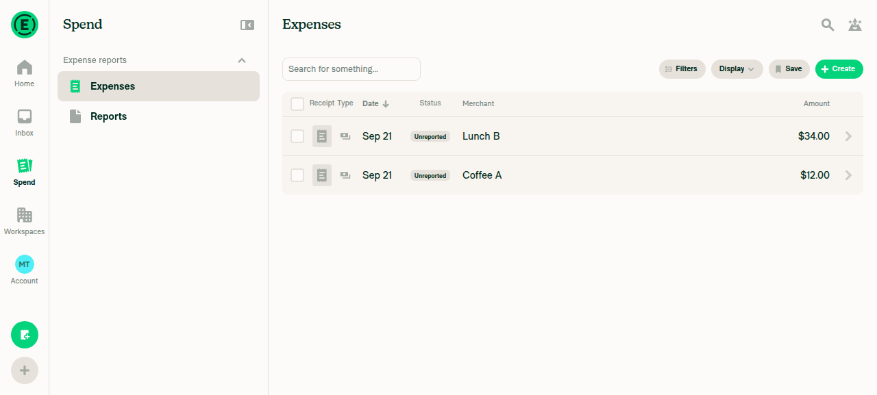 Spend > Expenses list showing two Unreported expenses