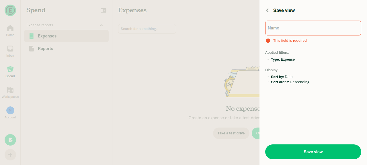 Save view page with empty Name field showing 'This field is required' error