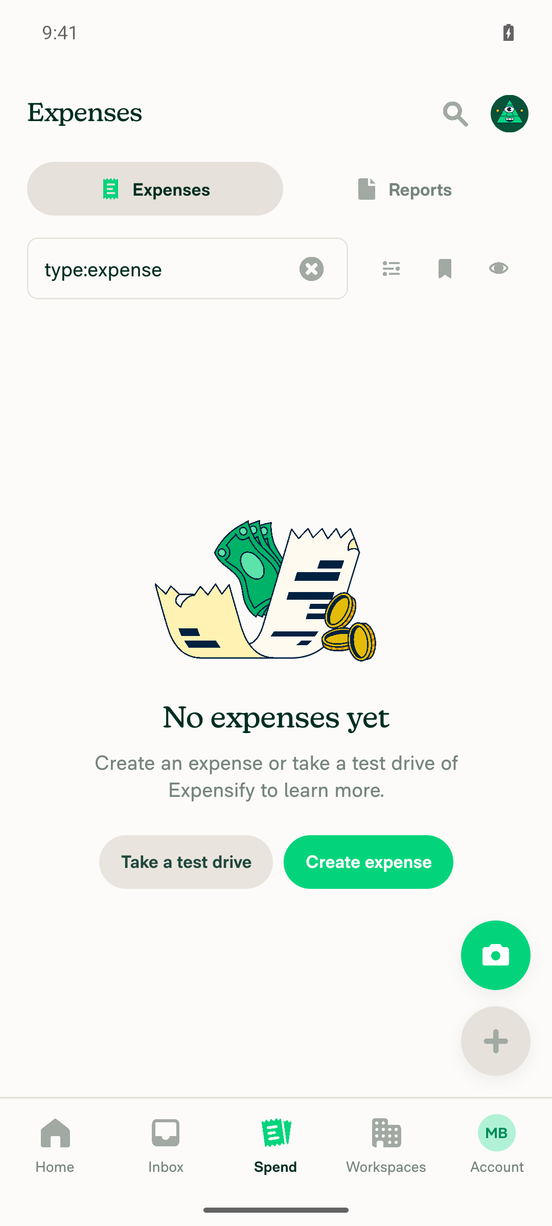 Search > Expenses tab showing 'No expenses yet' empty state