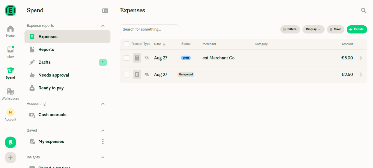 Spend > Expenses Search table with the two created expenses