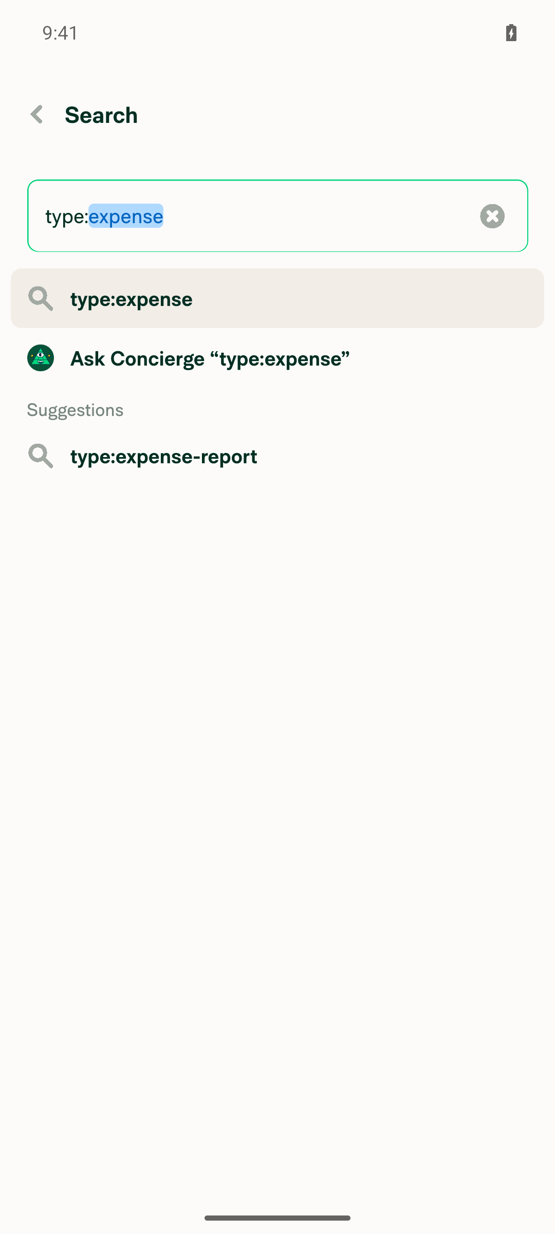 Search screen after typing type:expense query
