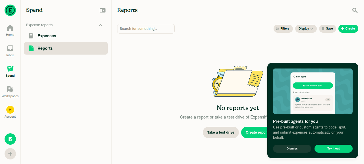 Search > Reports tab showing 'No reports yet' empty state, confirming no data available to select