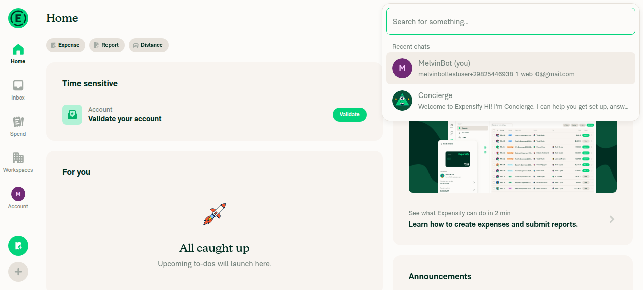 Search page open showing recent chats dropdown