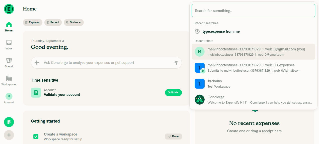 Search opened with placeholder and Recent searches/Recent chats sections