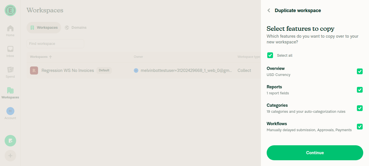 Scenario 1: source workspace without Invoices — no Invoices row on the select-features screen; duplication succeeds