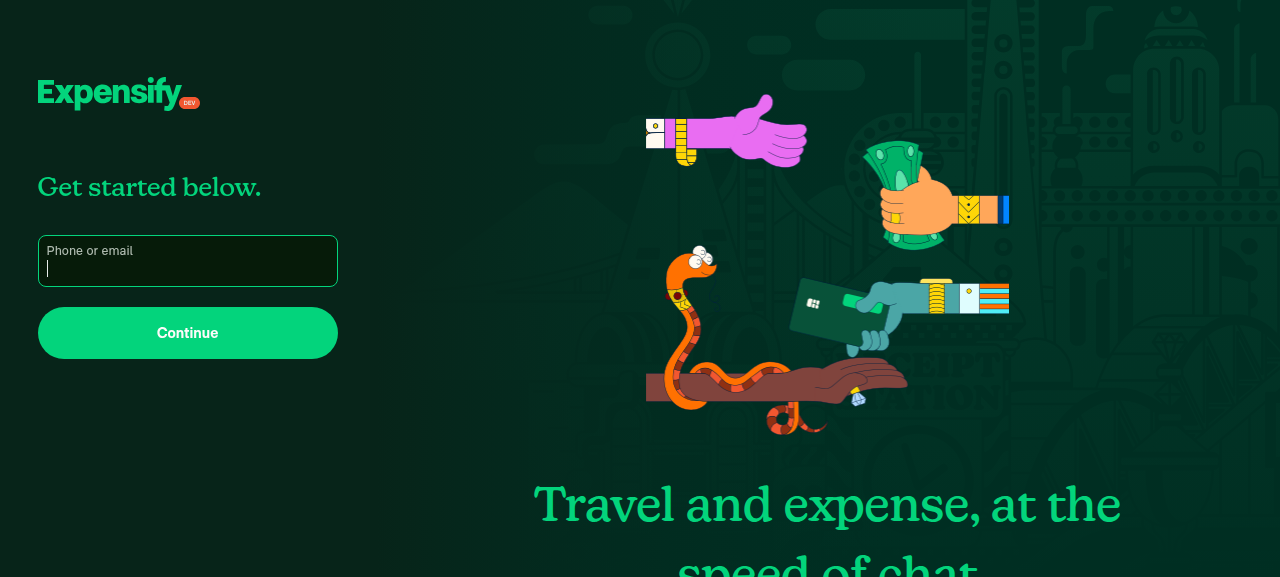 Expensify App SignIn screen — email/phone input and Continue button