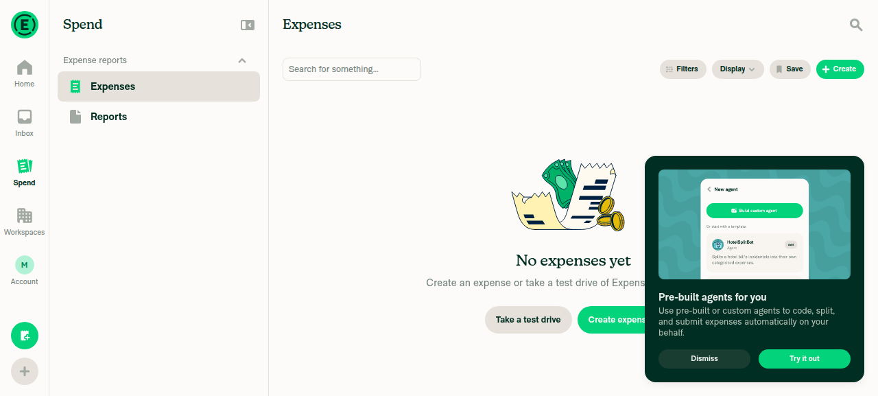Spend > Expenses view showing 'No expenses yet' empty state