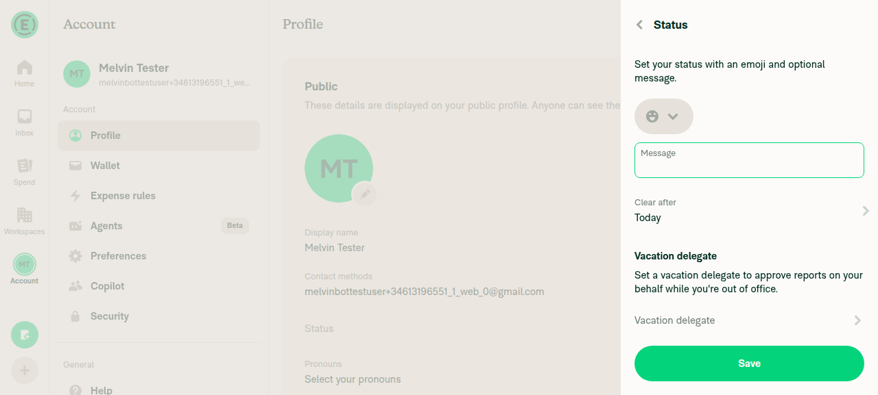 Status page with Vacation delegate section and empty row