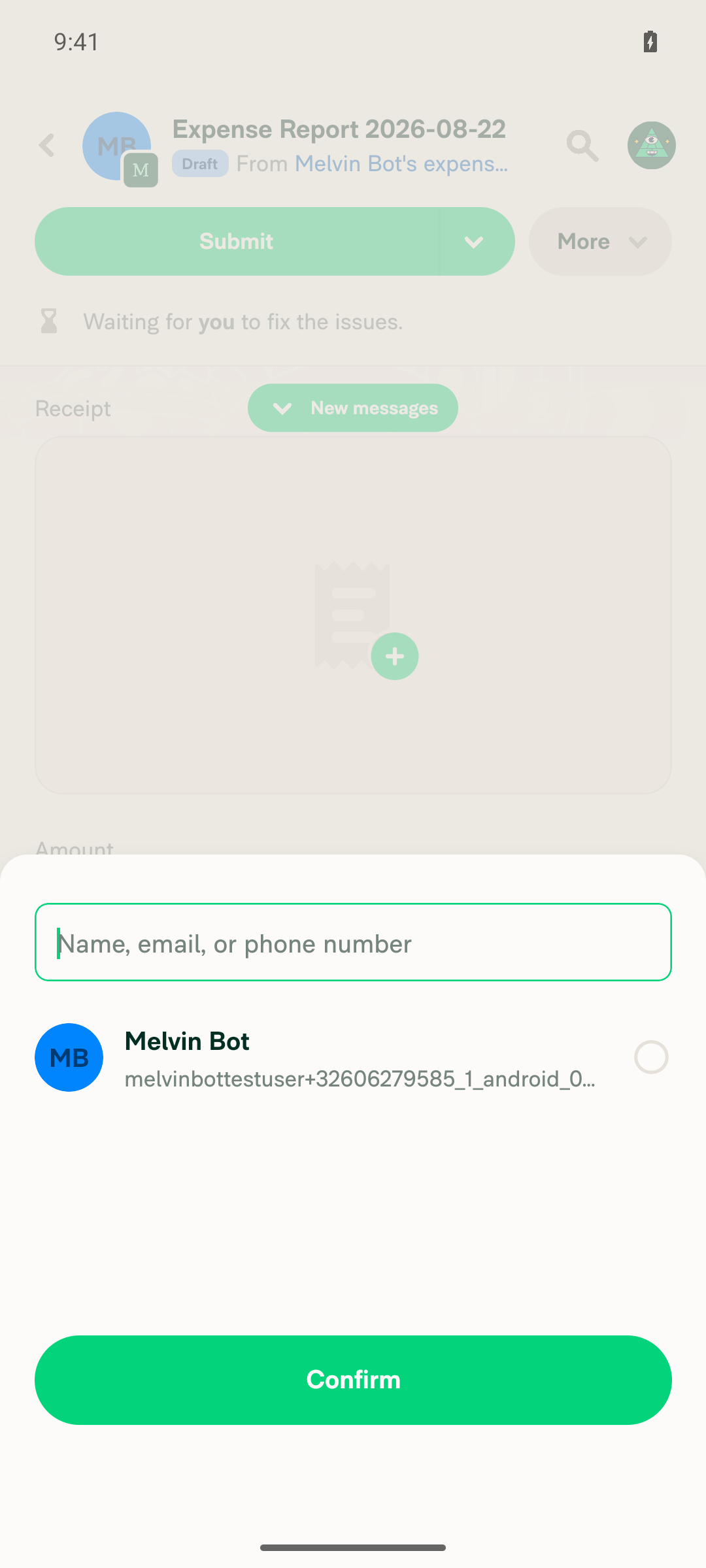 Submit to popover populated with recipient list (Melvin Bot)
