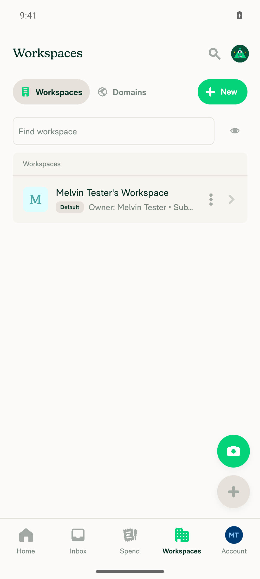 Workspaces list showing the auto-created "Melvin Tester's Workspace" of type Submit