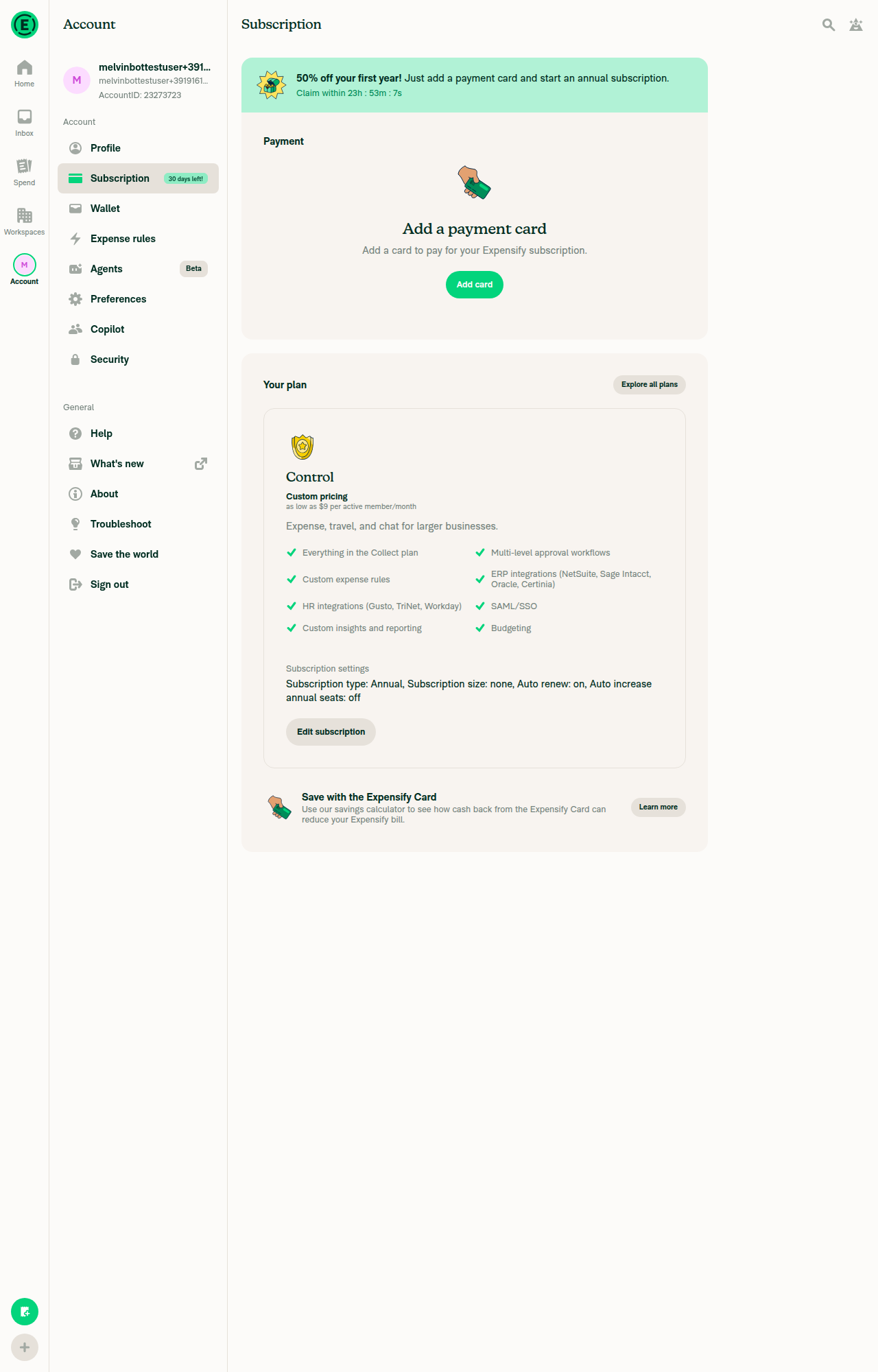 Subscription page with paymentHistory beta on: no Payment history section
