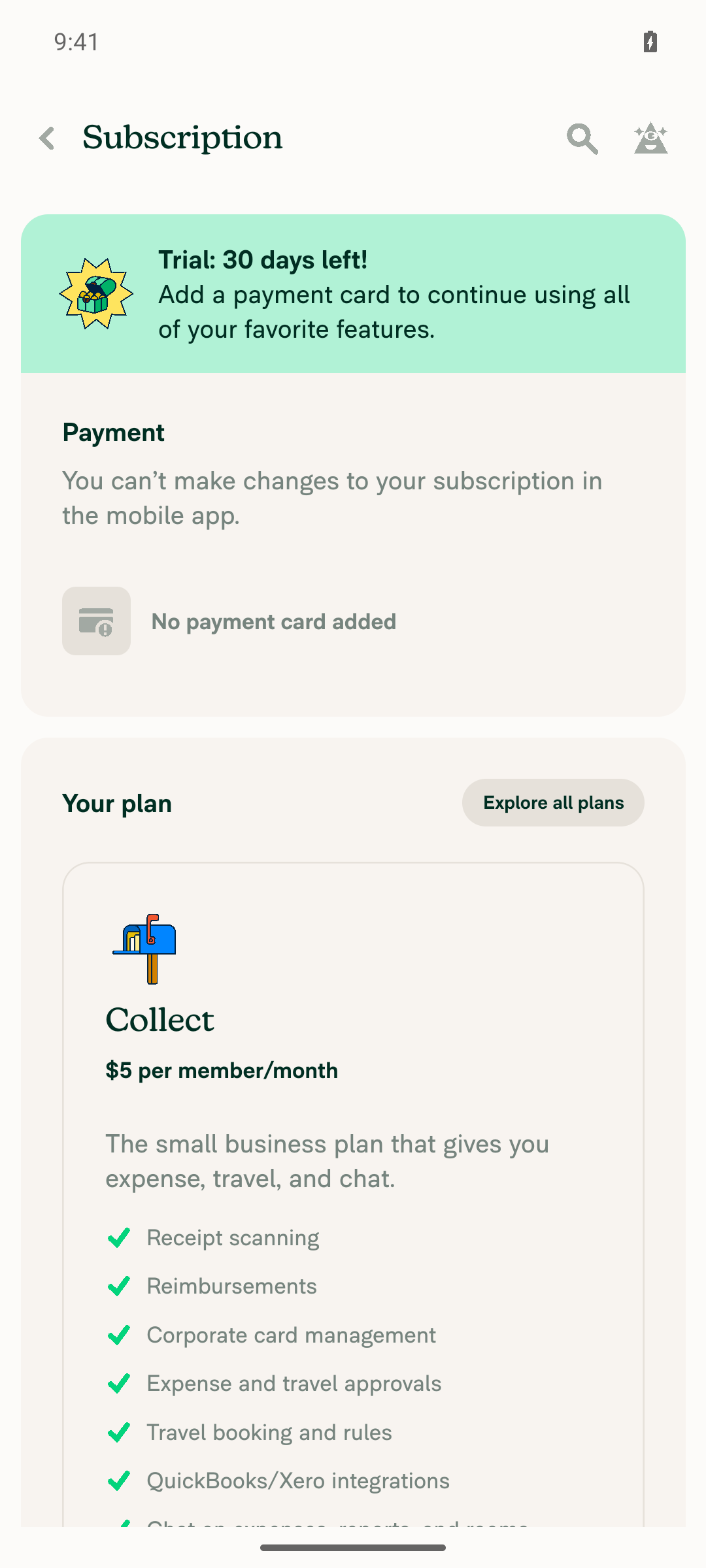 Top of Subscription page: no payment card, no Payment history link
