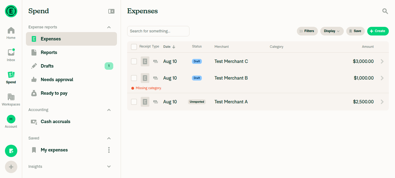 3 seeded expenses in the flat Expenses list