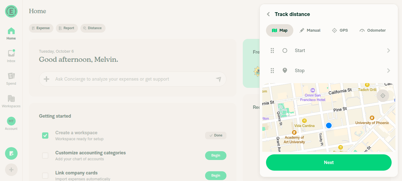 Track distance panel with Map/Manual/GPS/Odometer tabs