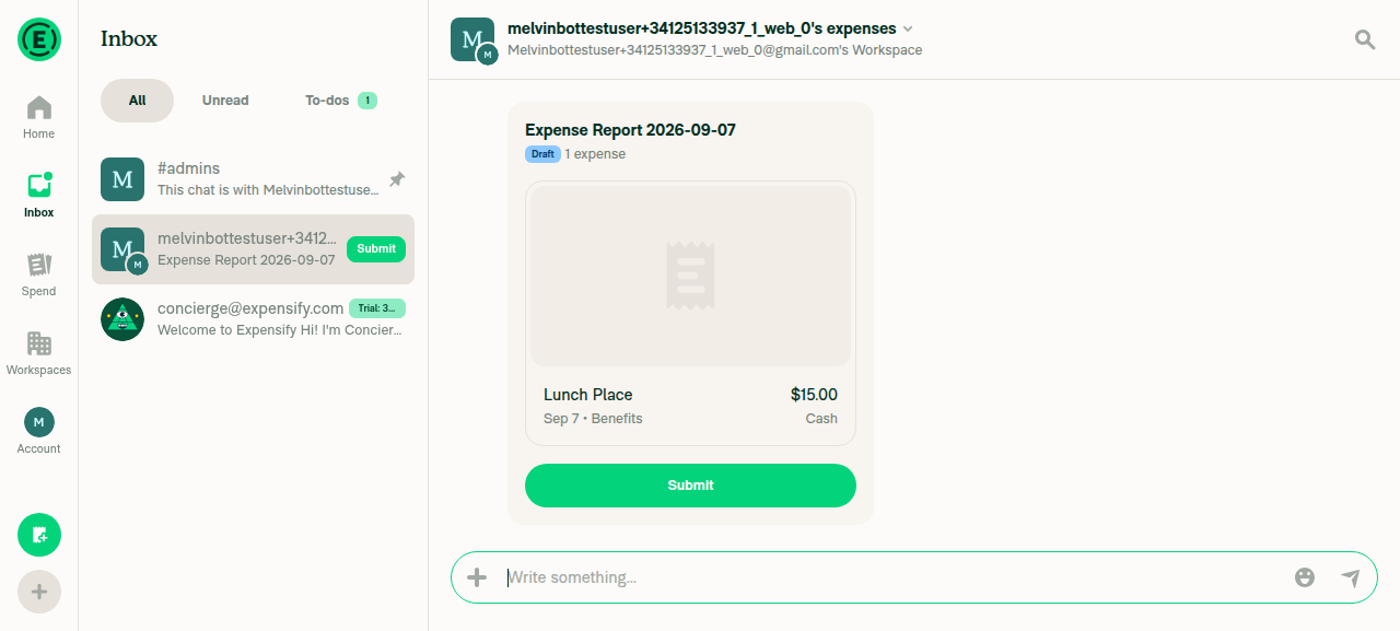 Second report with Lunch Place expense, first report visible in list