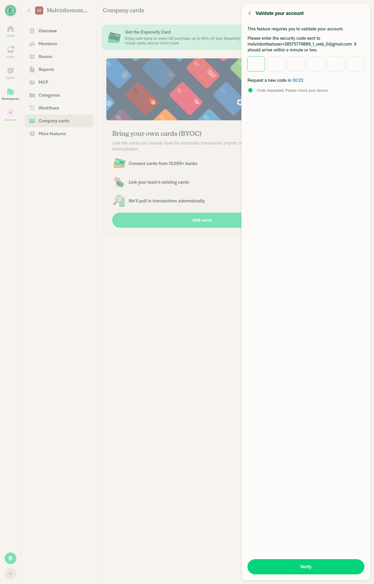 Validate your account screen asking for an emailed 6-digit code