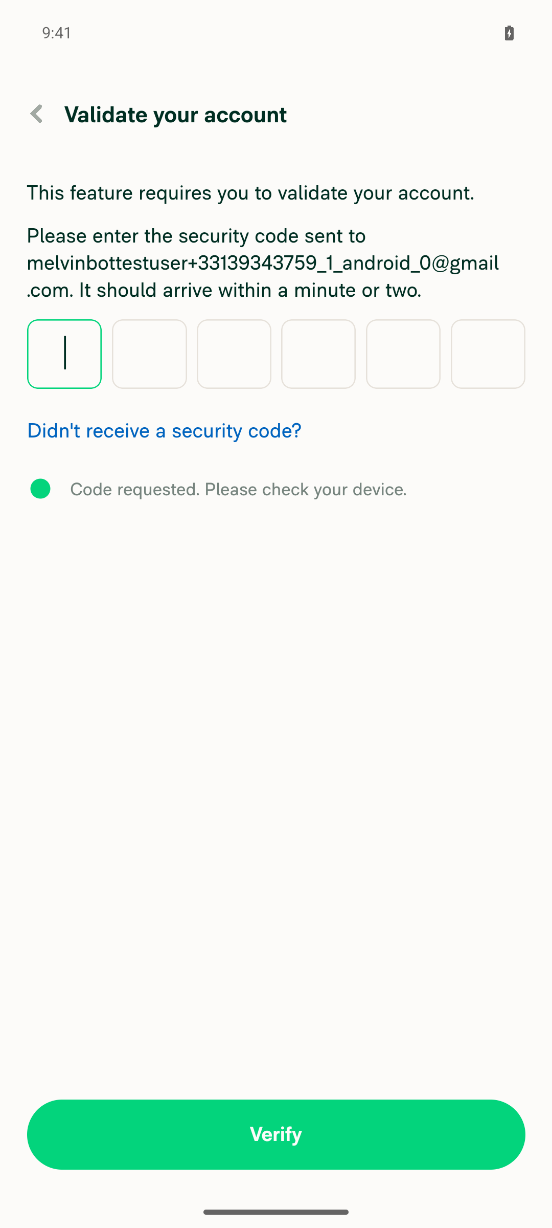 Validate your account screen blocking the Add cards flow with a 6-digit emailed security code requirement