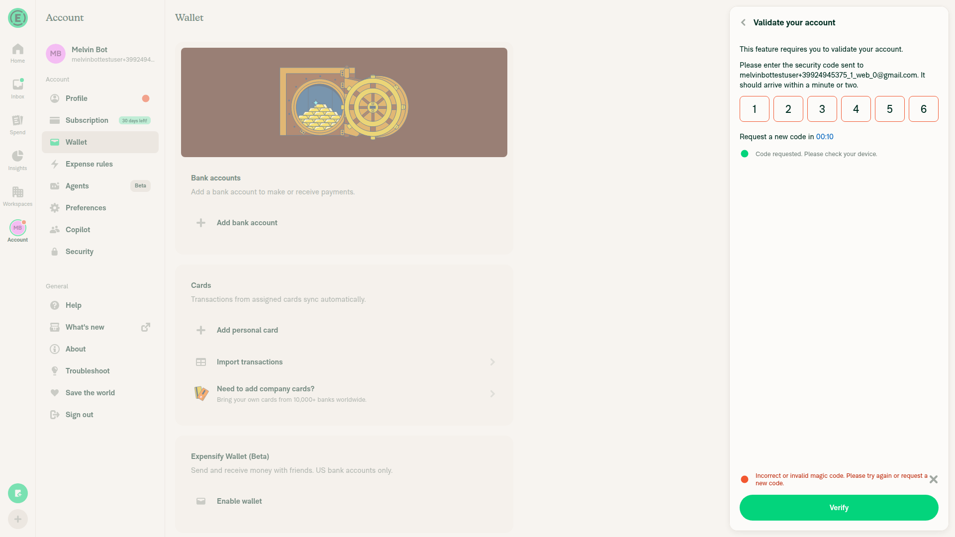 Validate your account magic-code panel after clicking Add bank account