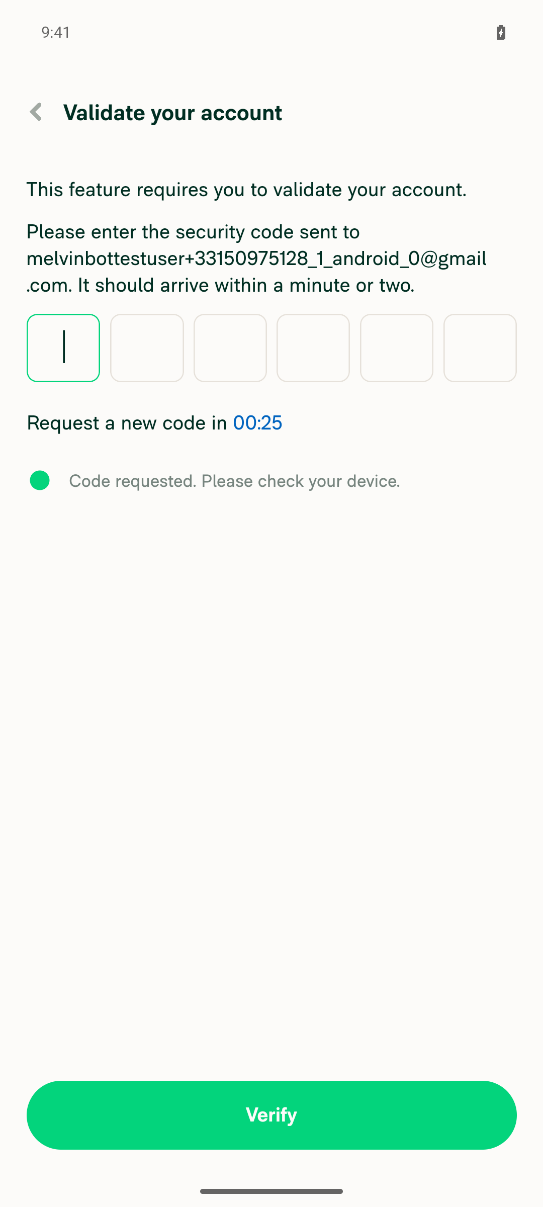 Validate your account screen blocking the Add cards flow, requesting an emailed 6-digit security code